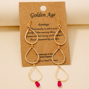 Hot Pink Gem Charm Triple Teardrop Dangle Earrings